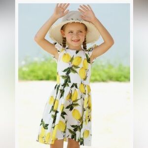 Girls' Adorable Lemon Print Summer Dress - White and Yellow & crisscross back